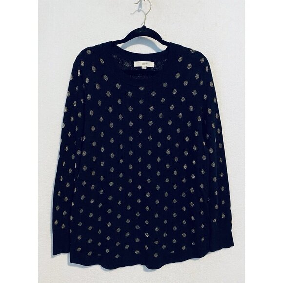 LOFT Sweater Womens XL Navy Blue Gold Polka Dot Crew Neck Wool Blend Pullover - Picture 1 of 6